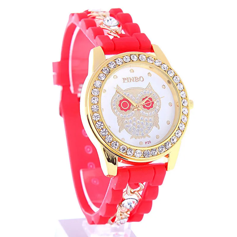 New Dress Casual Owl Quartz Clock Female Popular Relogio Luxury Diamond Ladies Wristwatches Women Silicone Chain Fashion Watch