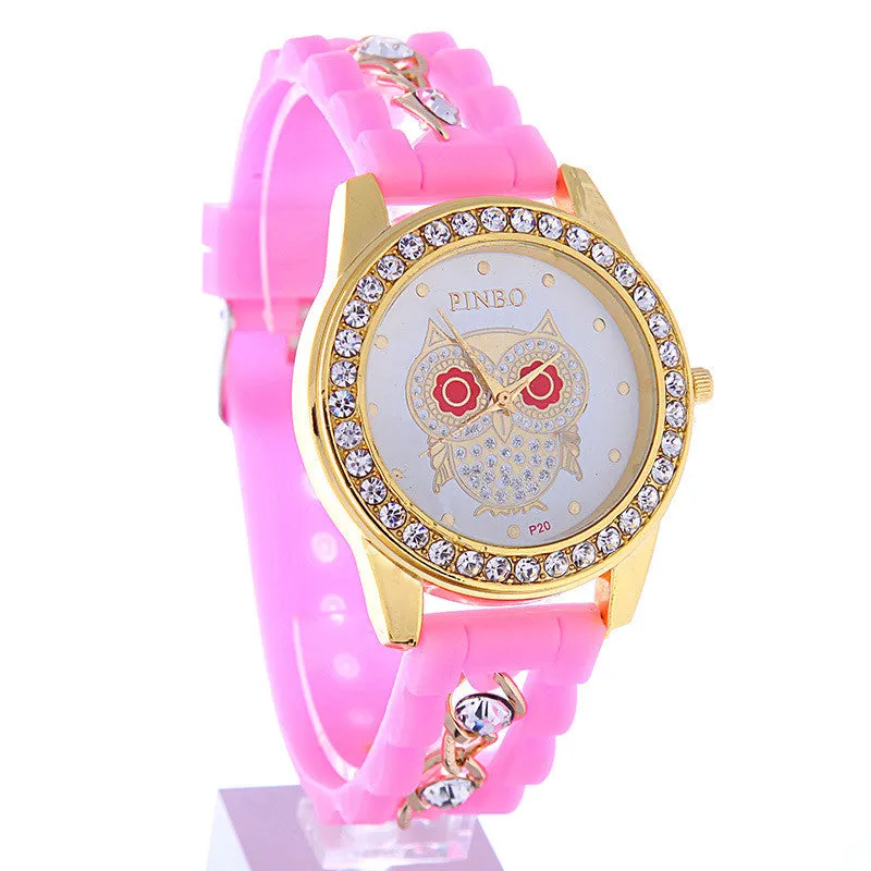 New Dress Casual Owl Quartz Clock Female Popular Relogio Luxury Diamond Ladies Wristwatches Women Silicone Chain Fashion Watch