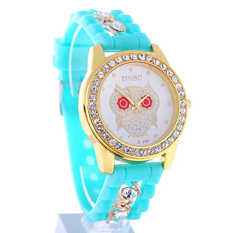 New Dress Casual Owl Quartz Clock Female Popular Relogio Luxury Diamond Ladies Wristwatches Women Silicone Chain Fashion Watch