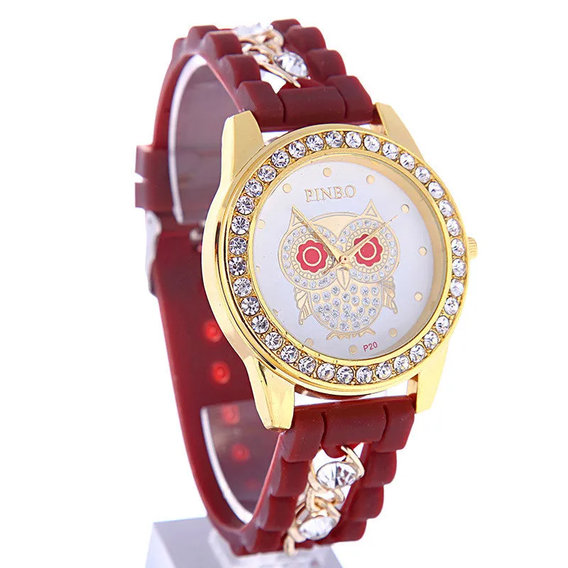 New Dress Casual Owl Quartz Clock Female Popular Relogio Luxury Diamond Ladies Wristwatches Women Silicone Chain Fashion Watch