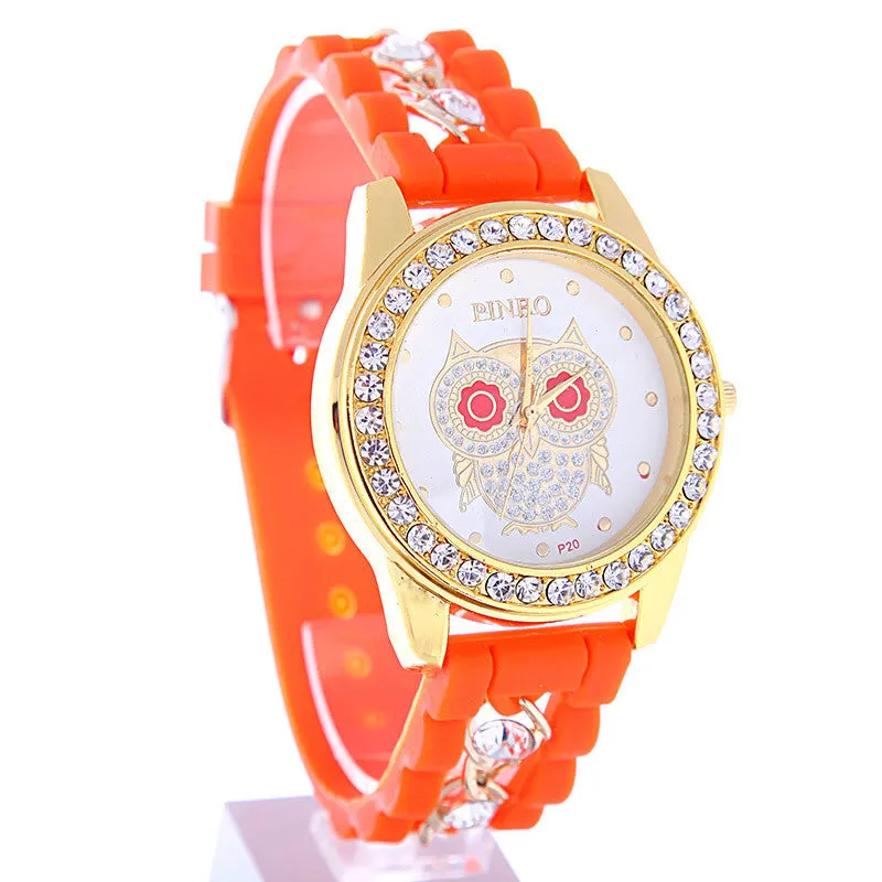 New Dress Casual Owl Quartz Clock Female Popular Relogio Luxury Diamond Ladies Wristwatches Women Silicone Chain Fashion Watch