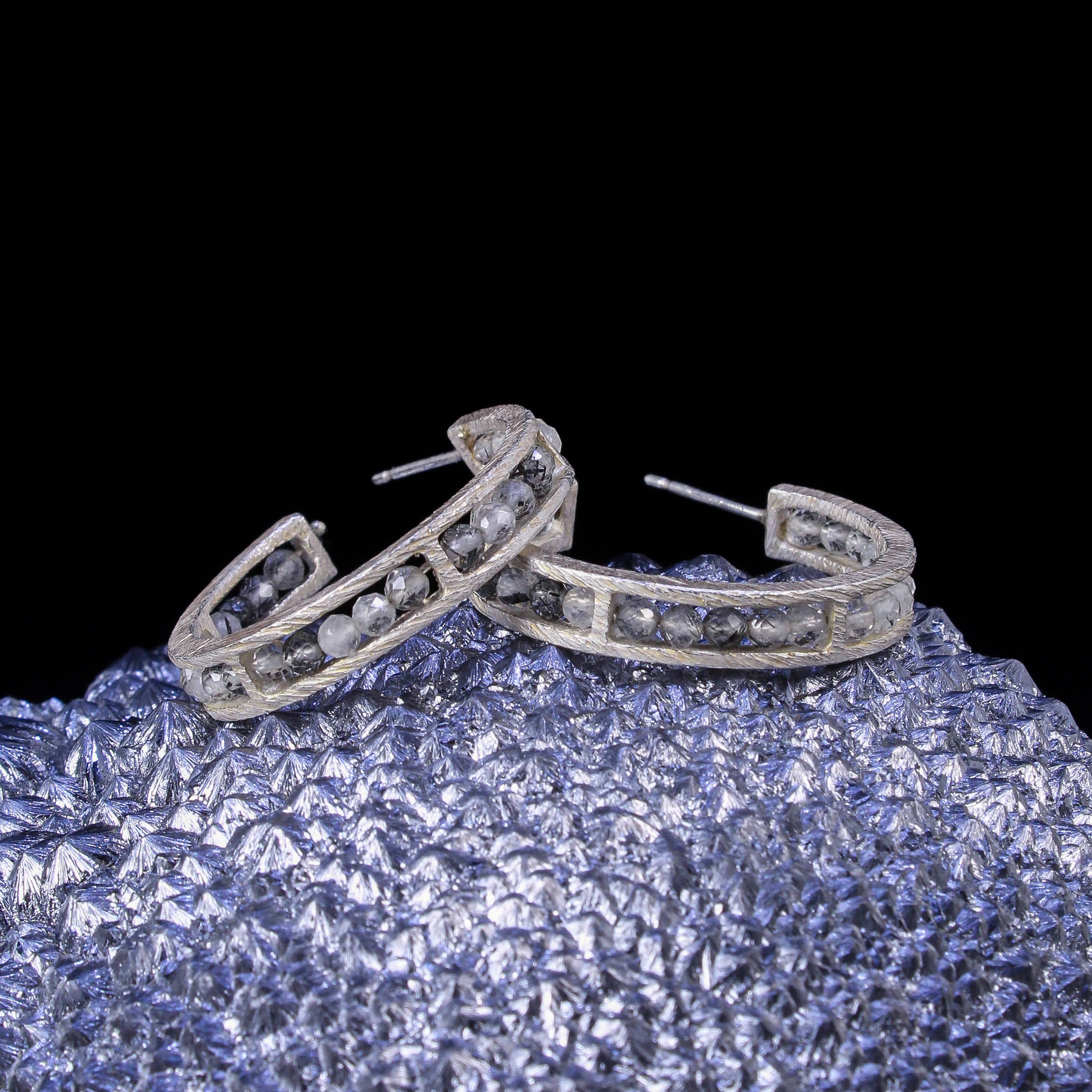 NEW! Small Segment Hoop Earrings, Sterling Silver and Tourmalinated Quartz by Heather Guidero