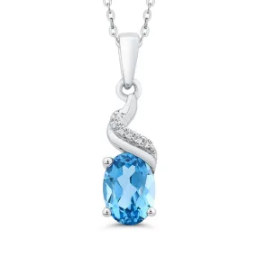 Oval Blue Topaz Swirl Pendant with Diamonds Necklace