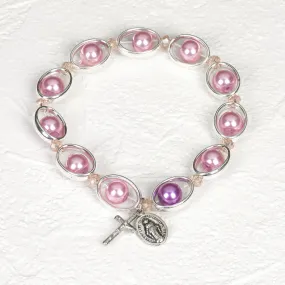 Pink Imitation Pearl and Silver tone Oval Rosary Stretch Bracelet