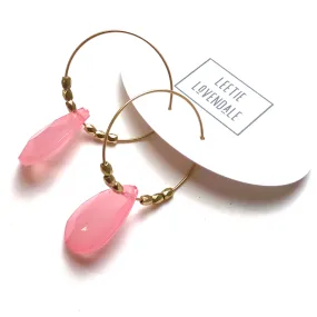 Pink Quartz Faceted Briolette on Gold Hoop Earrings *