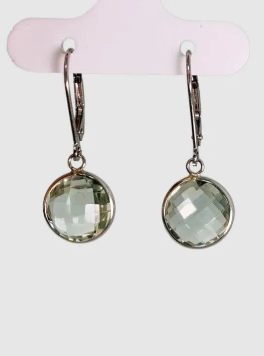 Prasiolite (Green Quartz) Round Bezel Earrings in 14KW - EAR-044-BZGM14W-GQZ-12