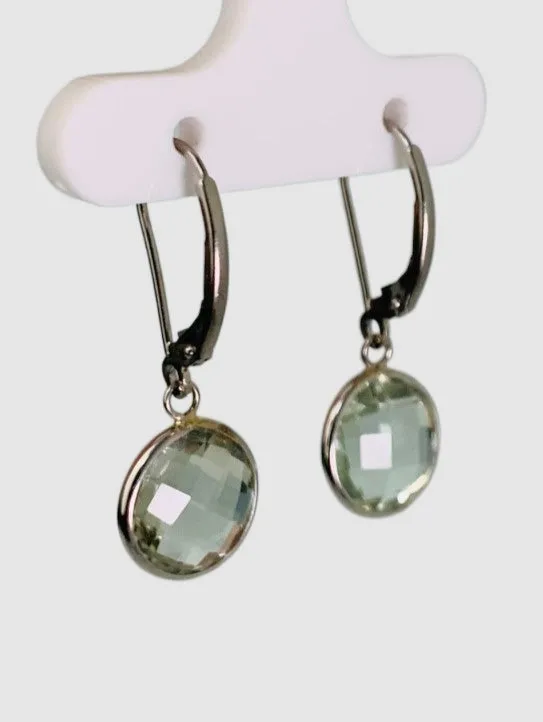 Prasiolite (Green Quartz) Round Bezel Earrings in 14KW - EAR-044-BZGM14W-GQZ-12