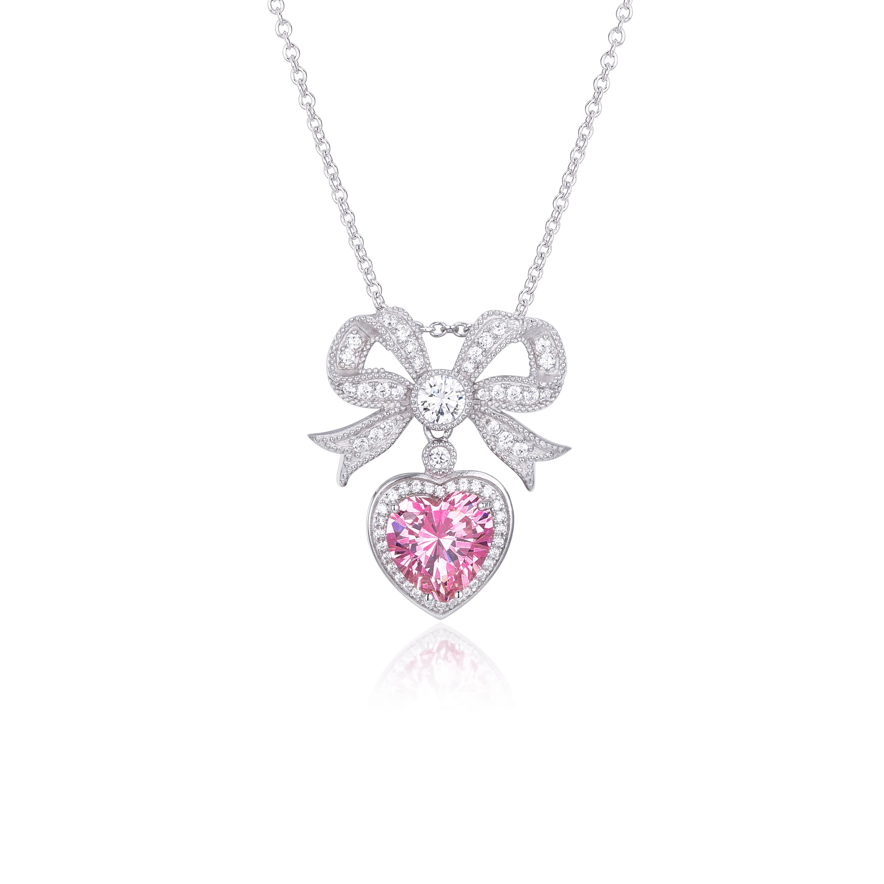 'Princess' Bow and Crystal Heart Silver Pendant