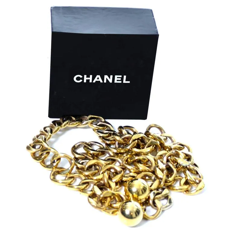 RESERVED // 1985 Chanel Vintage Double Chain Belt w/ Gold Balls in Original Box