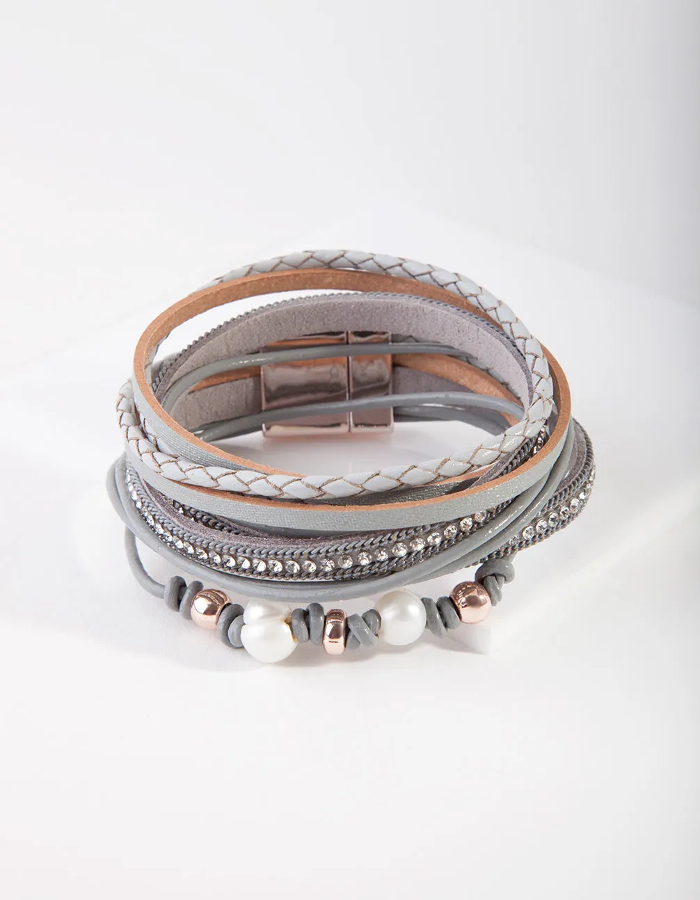 Rose Gold Faux Leather Freshwater Pearl Wrap Bracelet