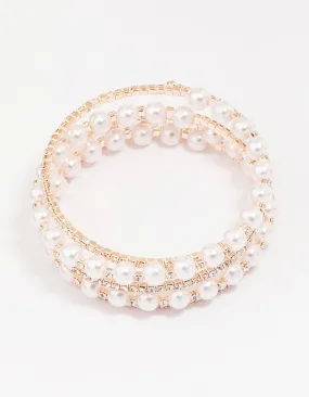 Rose Gold Pearl & Diamante Wrapped Bracelet