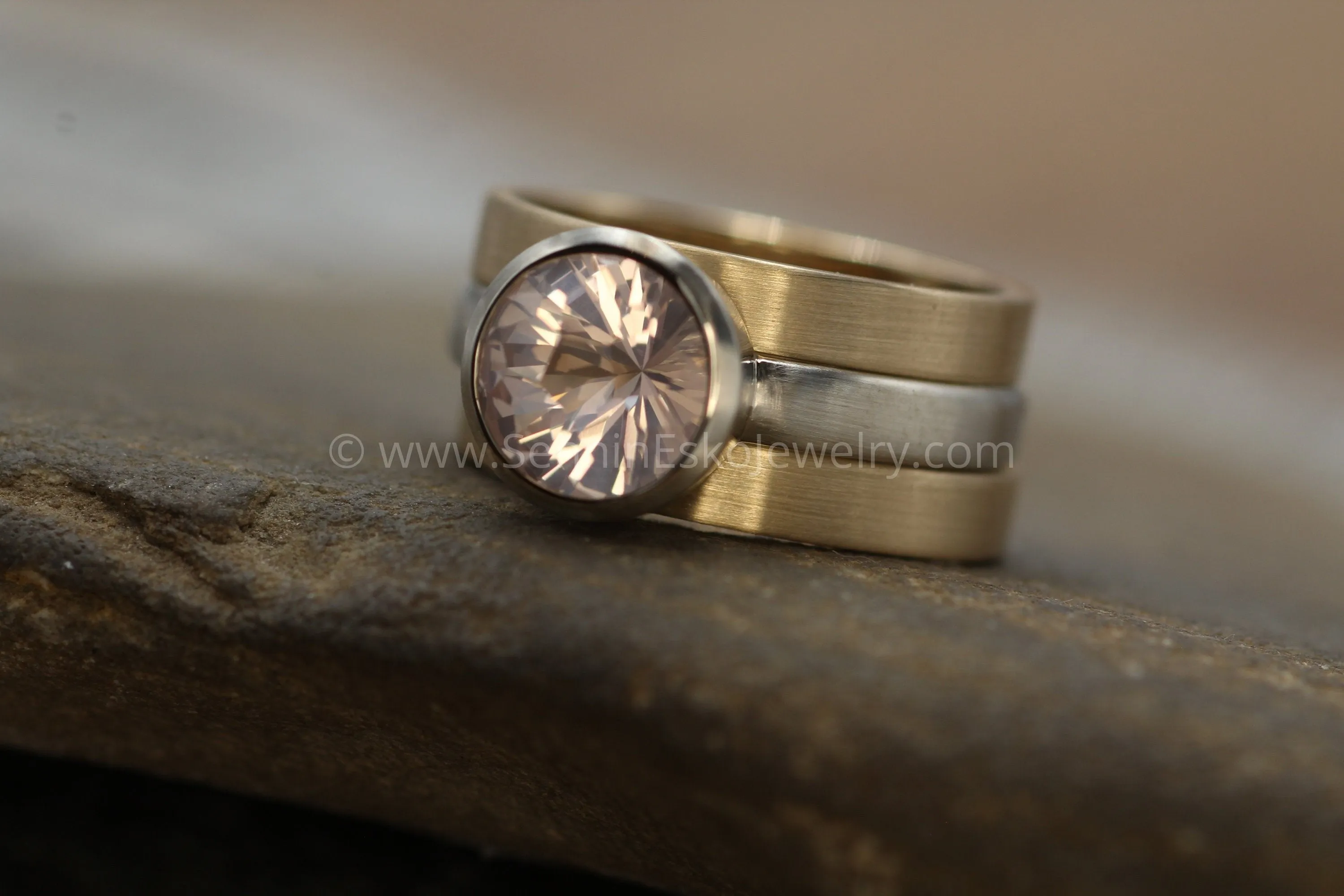 Rose Quartz Bezel Stackable Ring Set - Precision Cut Rose Quartz Ring - Alternative Engagement Ring - Wedding Set