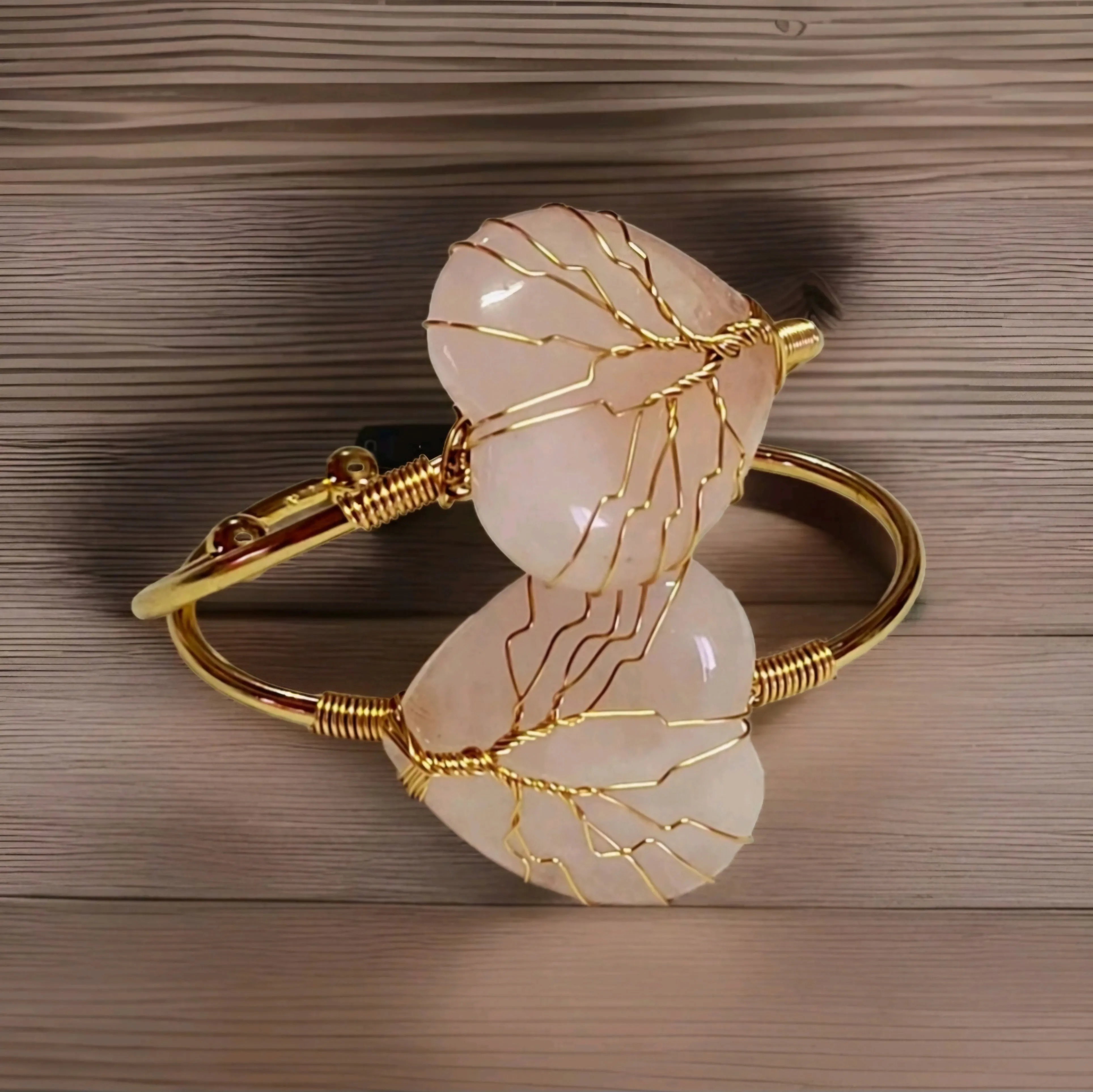 Rose Quartz Heart Tree of Life Wire Wrapped Golden Bangle Bracelet