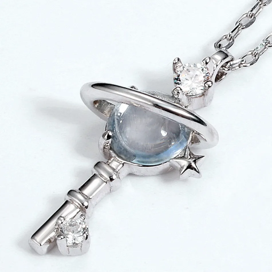 Round Blue Topaz Planet Key Pendant Sterling Silver Necklace