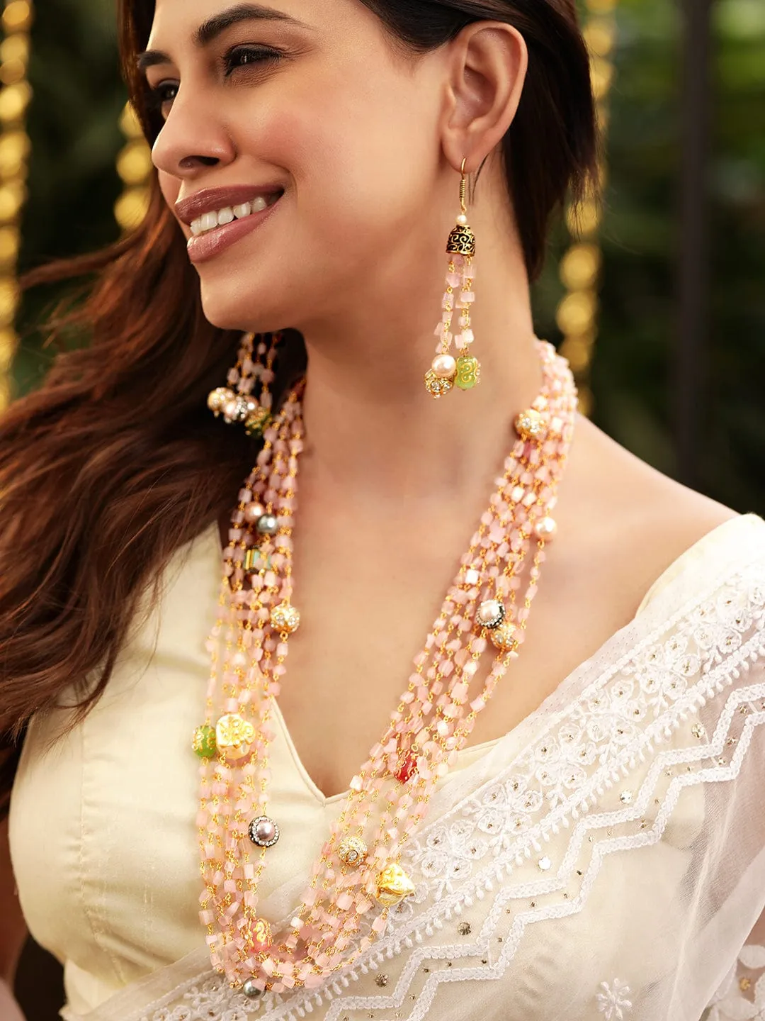 Rubans 22K Gold plated Rose Quartz Semi precious Gem Beaded Zirconia studded Multilayer Statement Necklace Set.