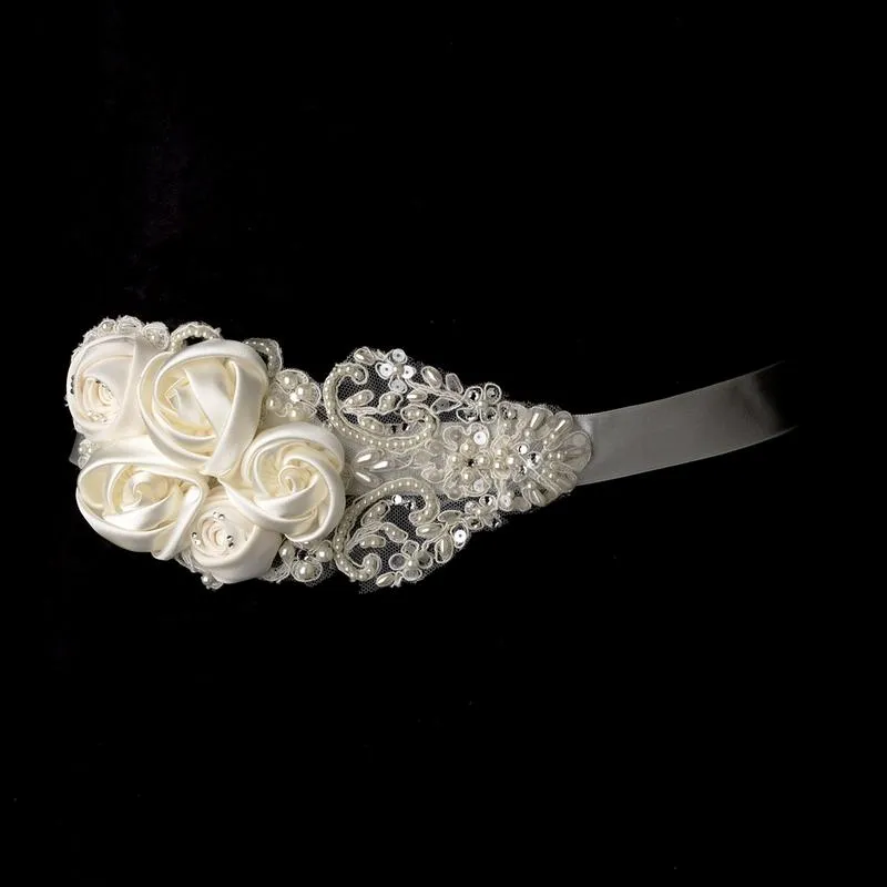 Satin Flowers & Crystals on Lace Bridal Belt