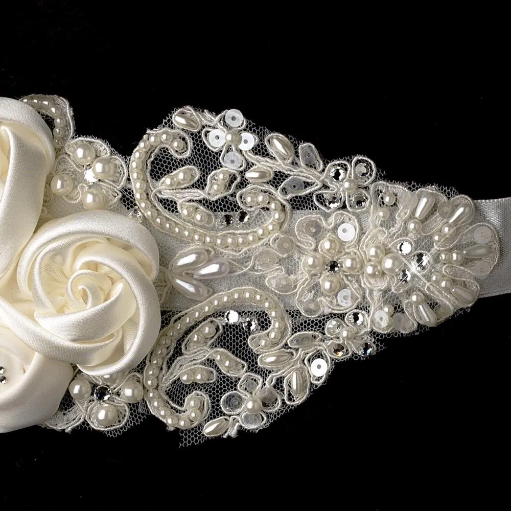 Satin Flowers & Crystals on Lace Bridal Belt