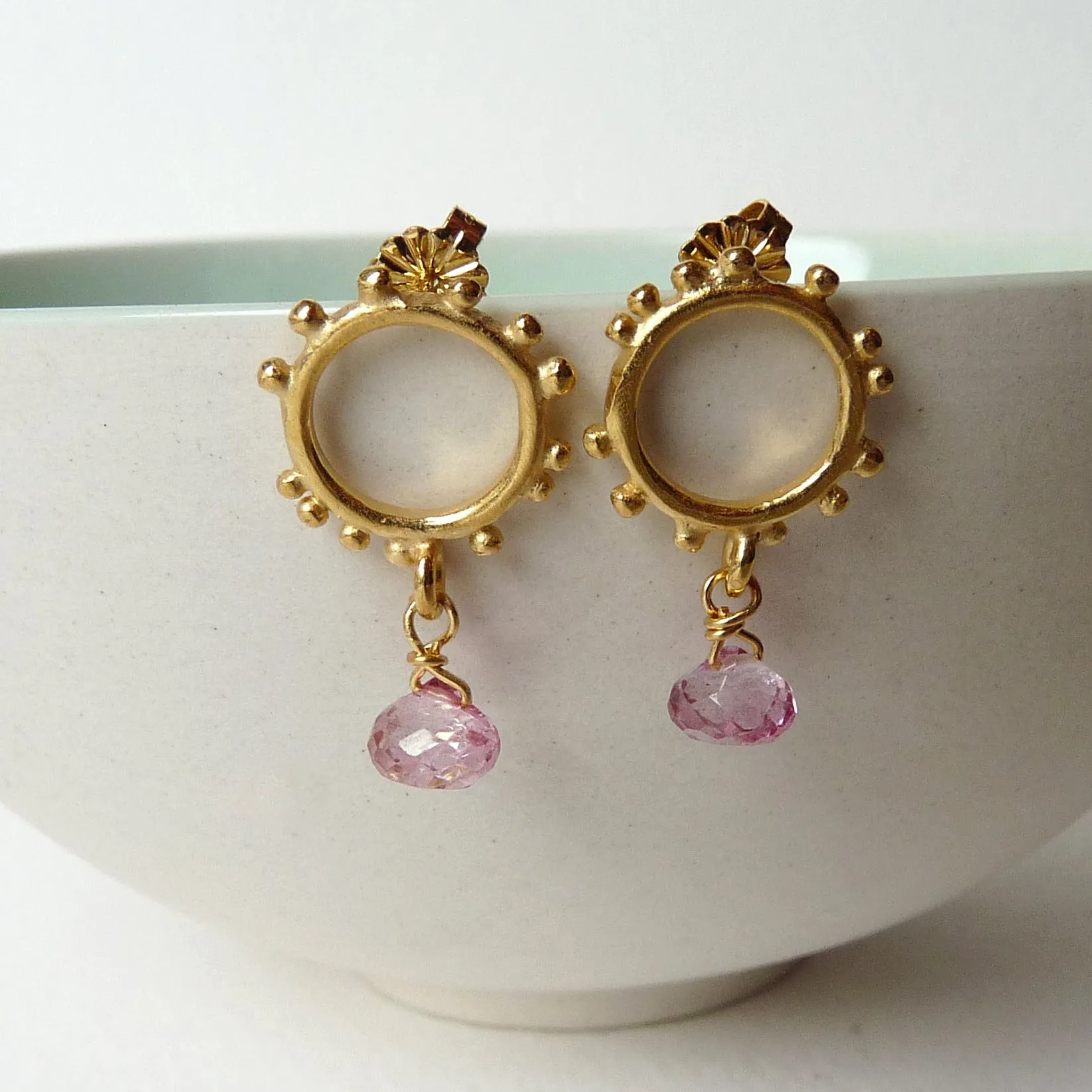 Small Granulation Studs With Gemstone Drop