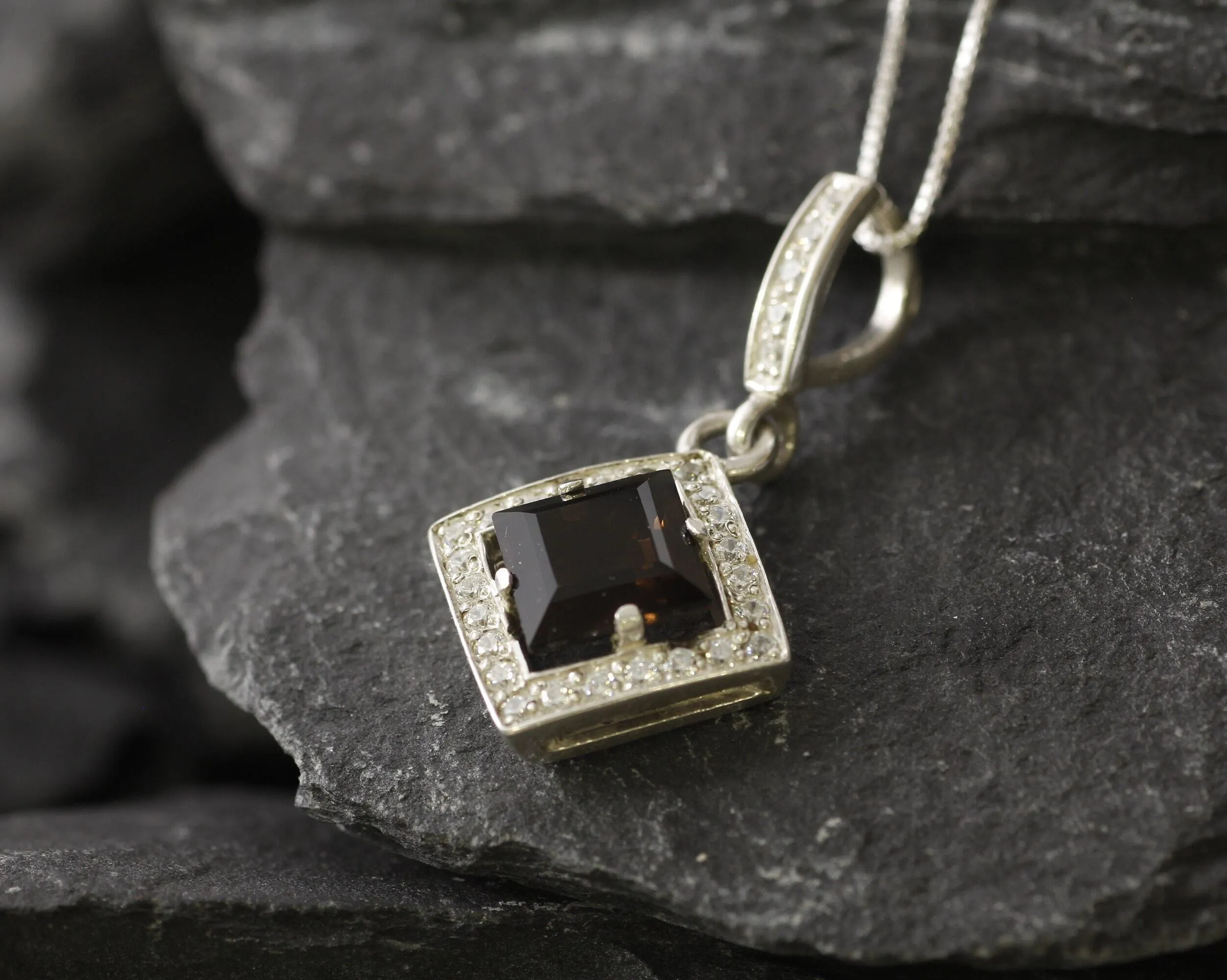 Smoky Topaz Necklace - Topaz Square Pendant - Vintage Smoky Topaz Necklace