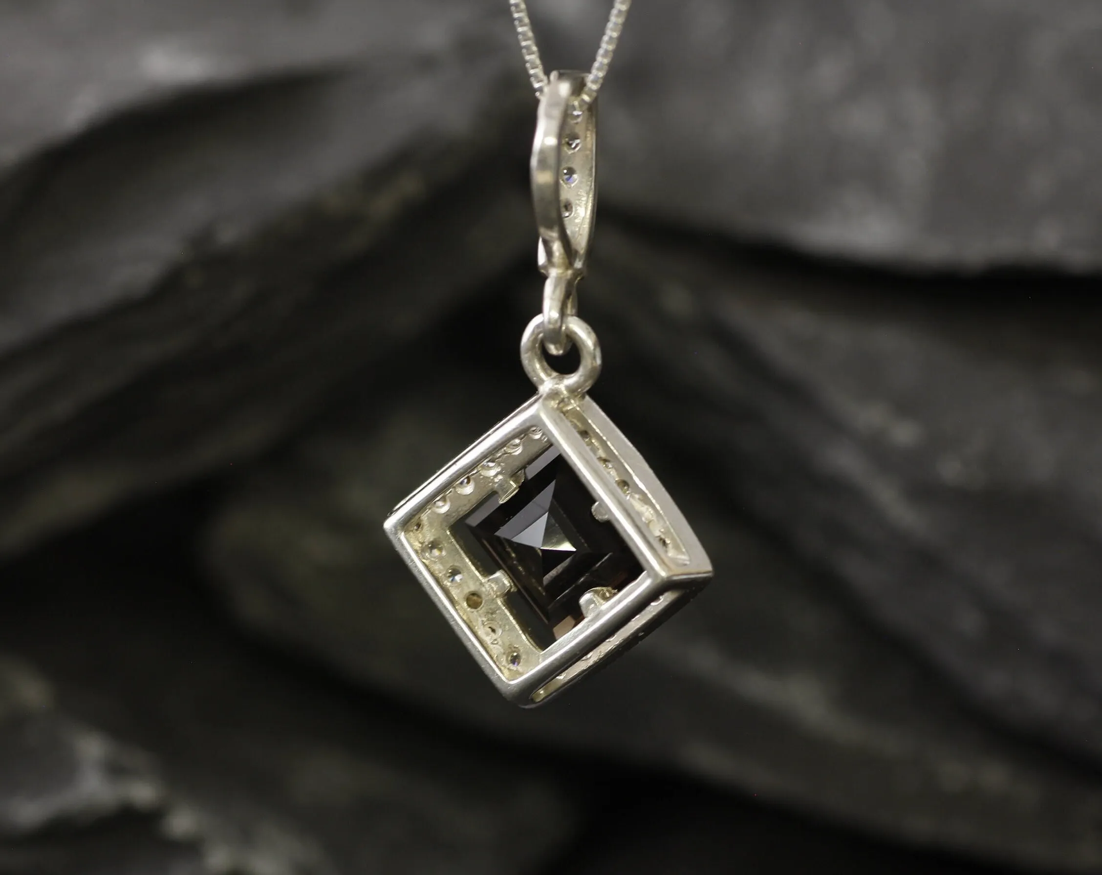 Smoky Topaz Necklace - Topaz Square Pendant - Vintage Smoky Topaz Necklace