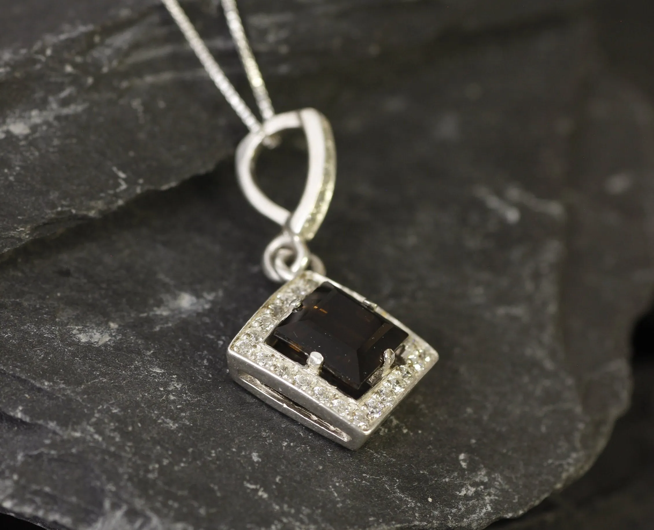 Smoky Topaz Necklace - Topaz Square Pendant - Vintage Smoky Topaz Necklace