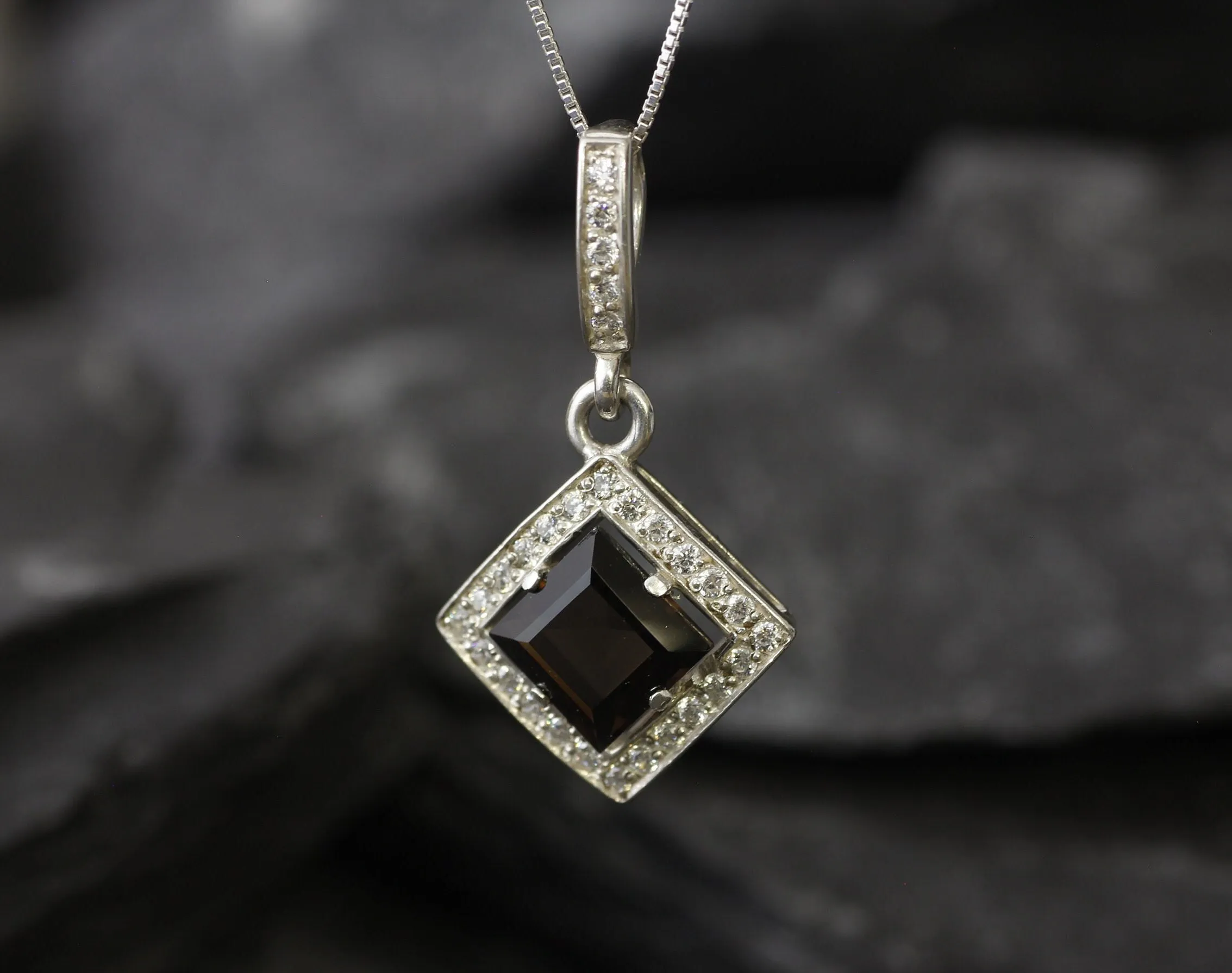 Smoky Topaz Necklace - Topaz Square Pendant - Vintage Smoky Topaz Necklace