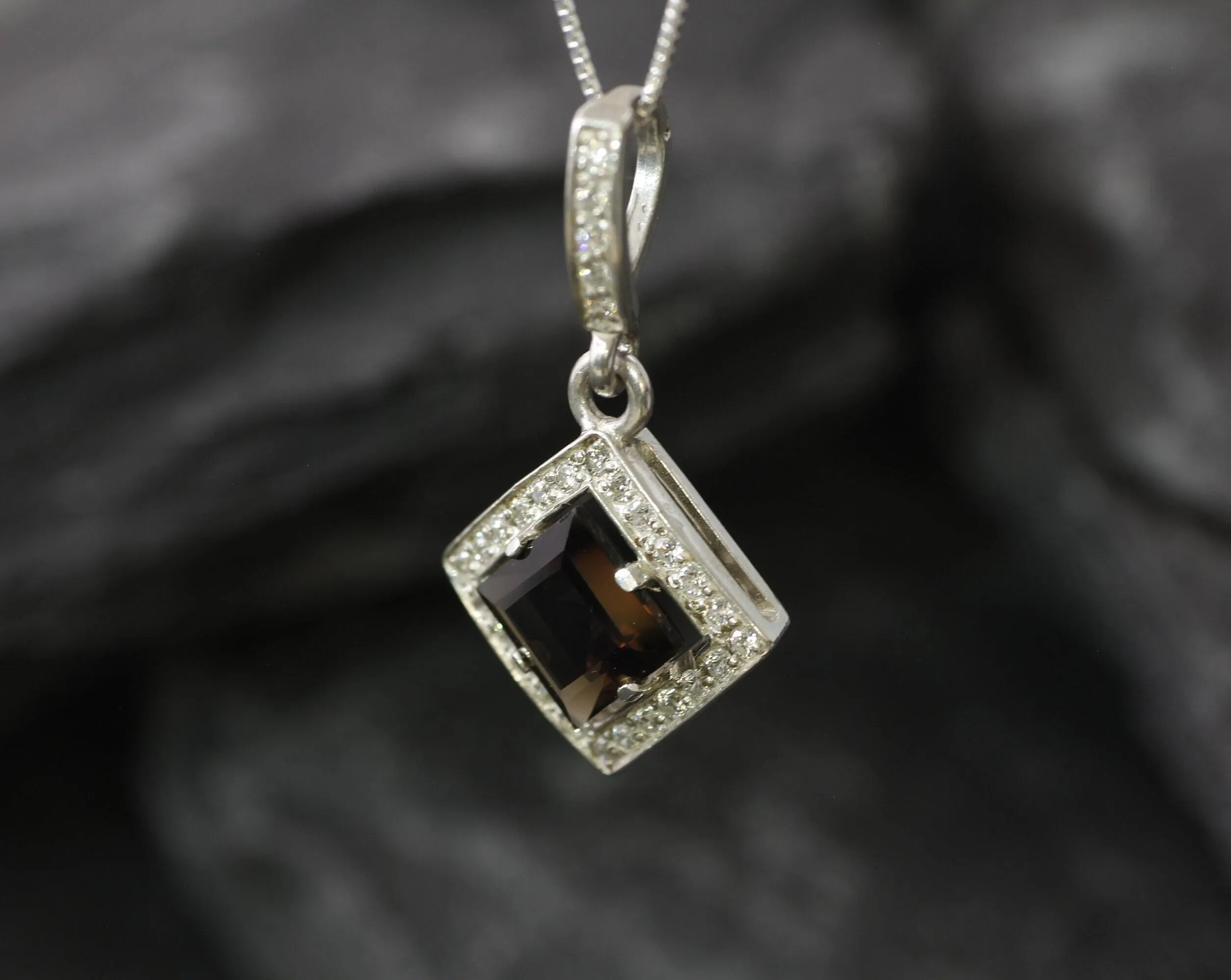 Smoky Topaz Necklace - Topaz Square Pendant - Vintage Smoky Topaz Necklace