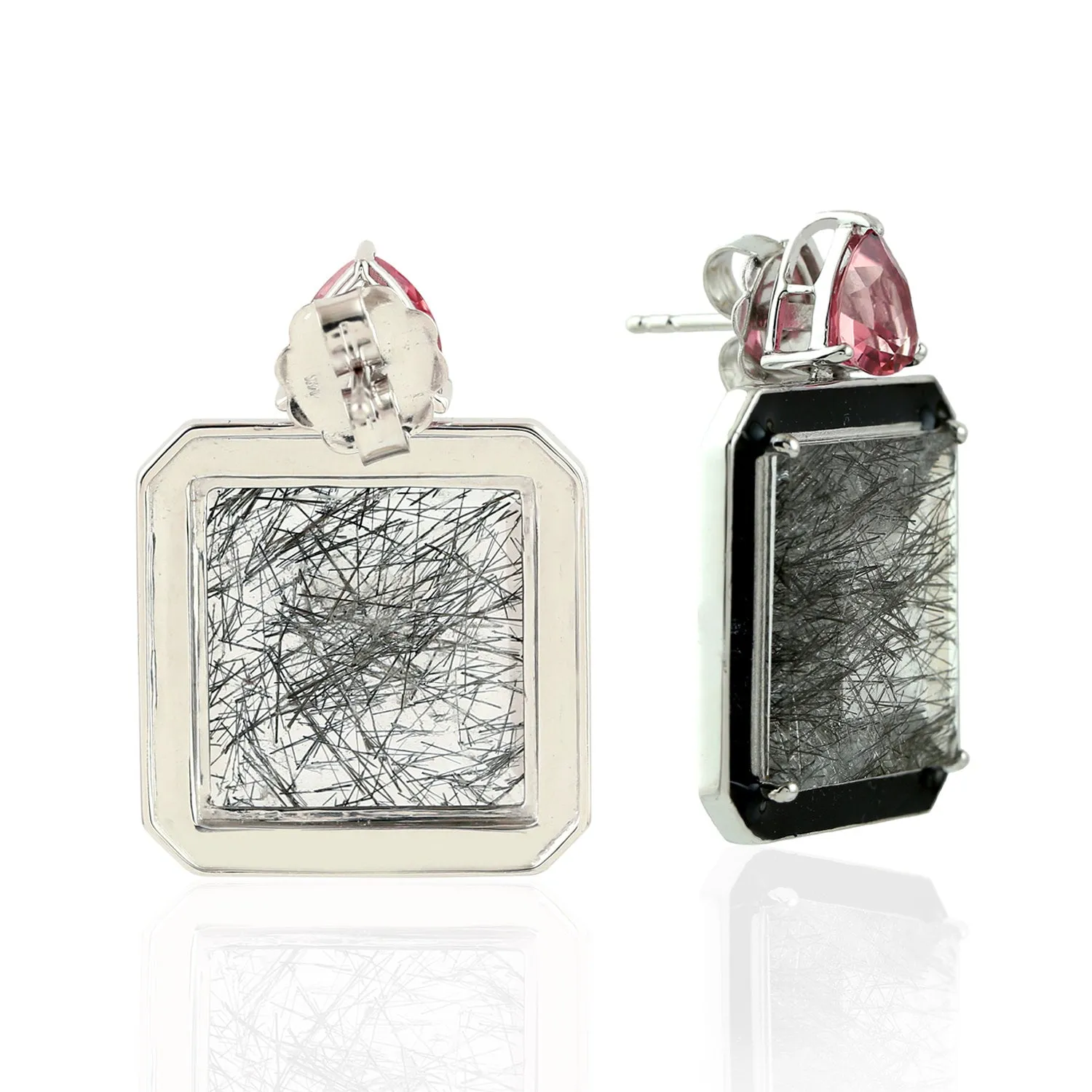 Square Quartz Rutile Triangle Tourmaline Designer Earrings 14K White Gold Jewelry