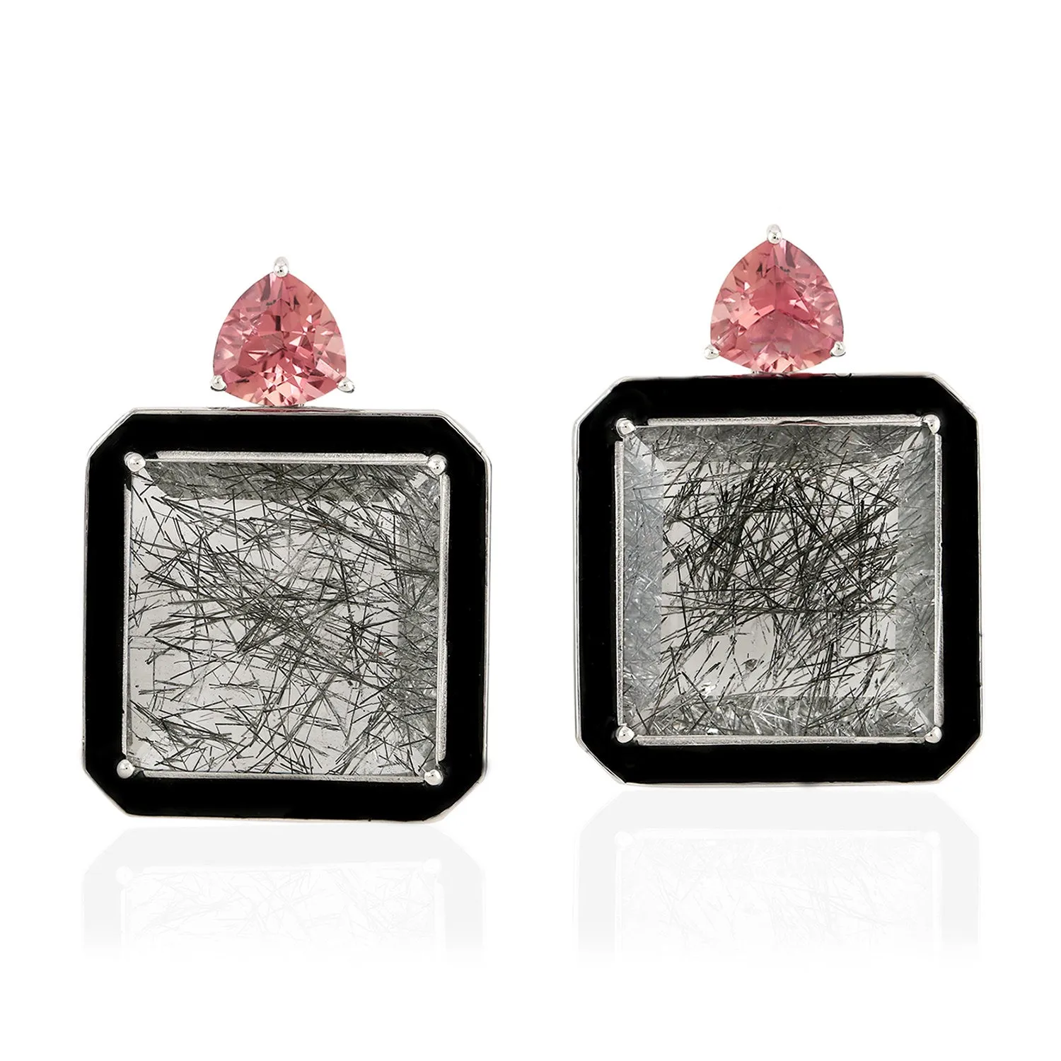 Square Quartz Rutile Triangle Tourmaline Designer Earrings 14K White Gold Jewelry