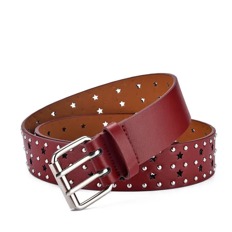 Star Double Prong Hollow Out Rivets Leather Belt