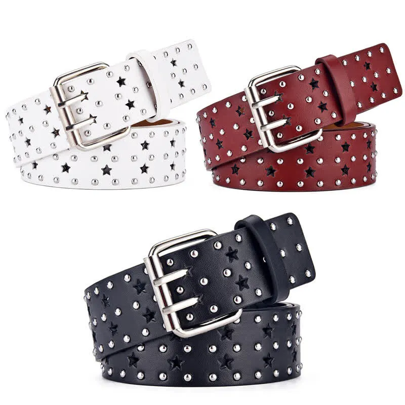 Star Double Prong Hollow Out Rivets Leather Belt