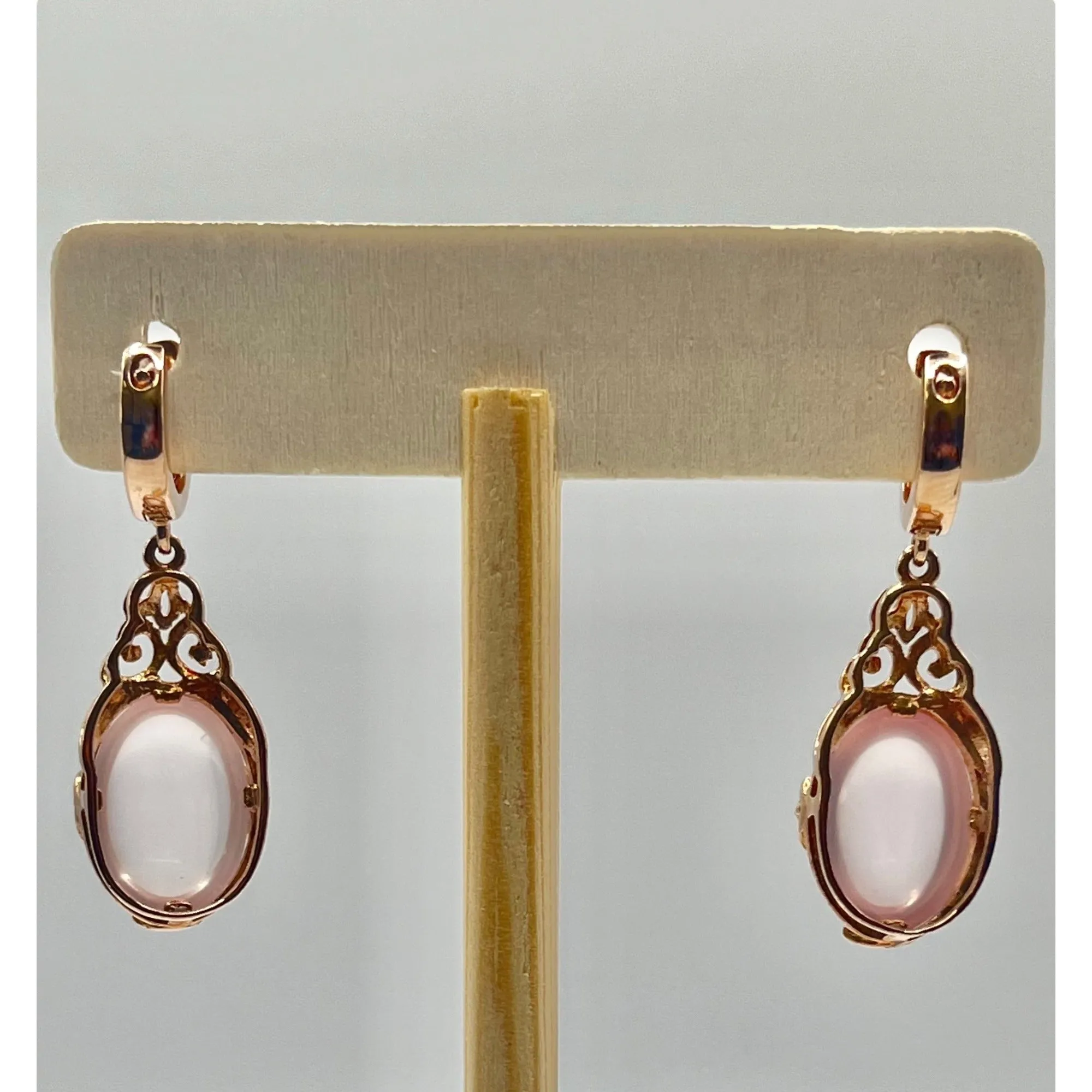 Sterling Plated 14K Rose Gold Vermeil Rose Quartz Filigree Dangle Earrings