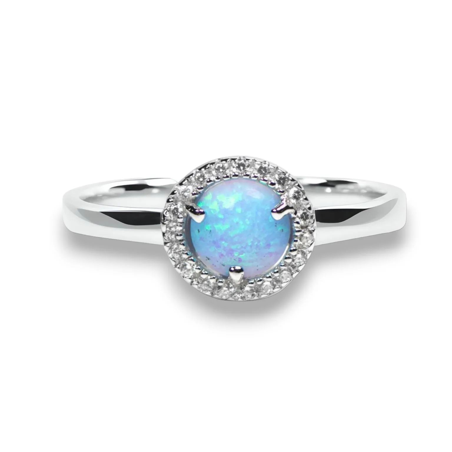 Sterling Silver Light Blue Opal and CZ Halo Ring