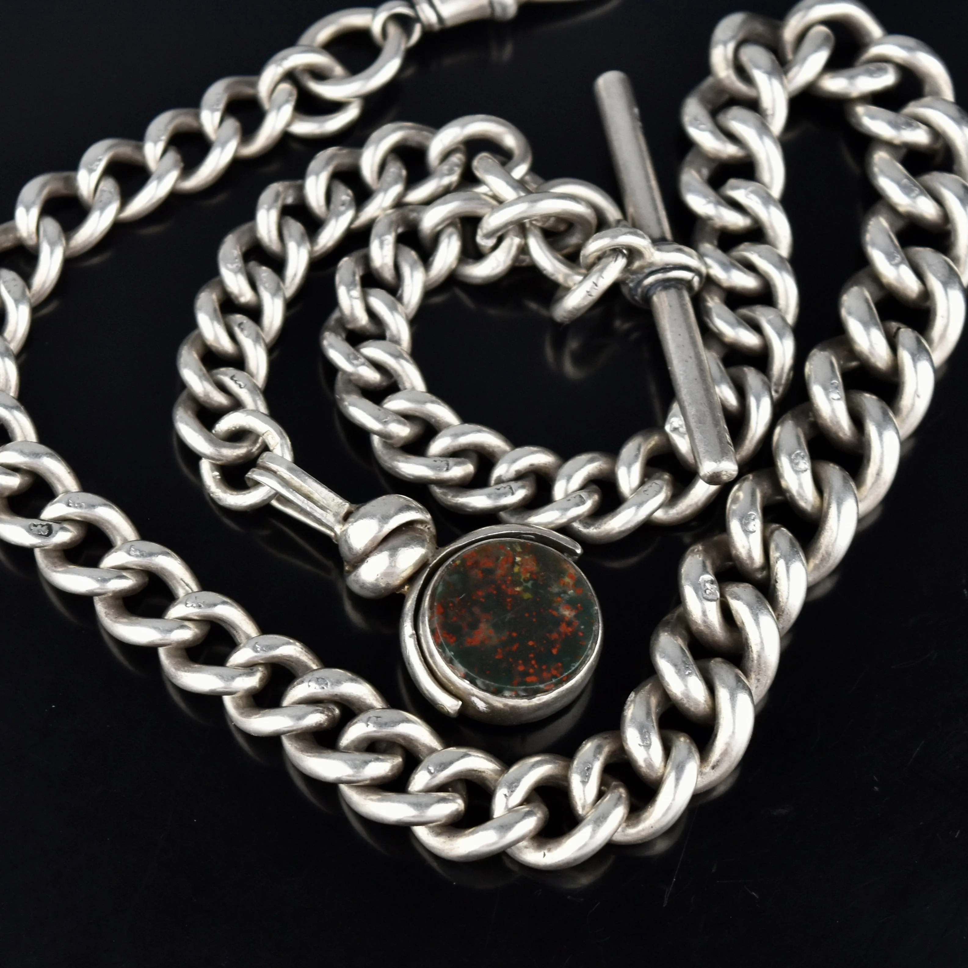 Sterling Silver Pocket Watch Chain w Spinner Fob 65.5 gms