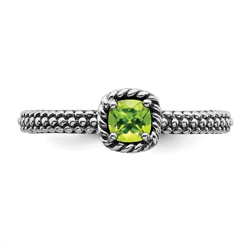 Sterling Silver Stackable Expressions Checker-Cut Cushion Peridot Antiqued Ring