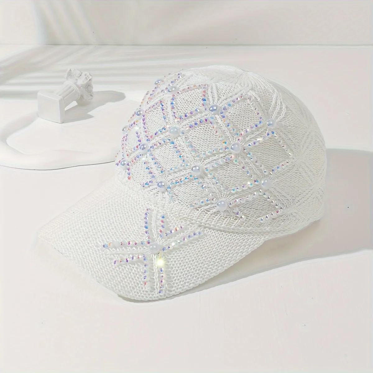 Stylish Women's Summer Sunshade Baseball Cap - Handmade Rhinestones, Knitted Checkered Design, Mesh Breathable, Versatile, Fashionable, and Protective - Perfect for Outdoor Activities