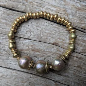 Three Champagne Pink Pearl & African Brass Elastic Bracelet