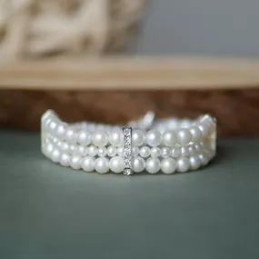 Three Rows Freshwater Pearls Sparkling Wedding Bracelet, Bridal Jewelry