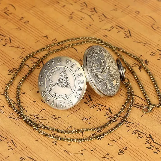 United States Veteran Bronze Necklace Quartz Movement Pocket Watch