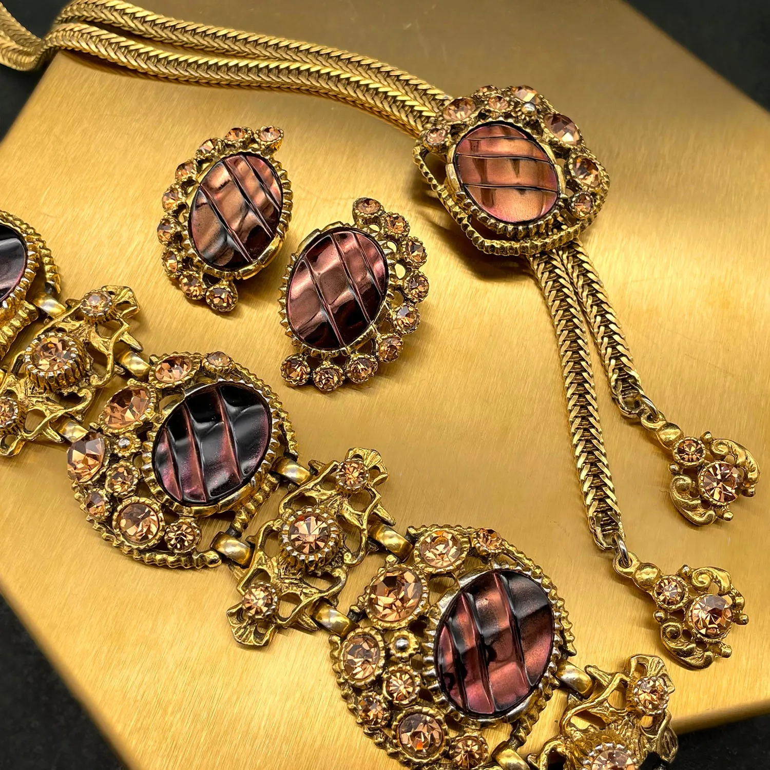 【USA輸入】ヴィンテージ SELRO ブロンズ トパーズ ビジュー ネックレス/Vintage SELRO Bronze Topaz Bijou Necklace