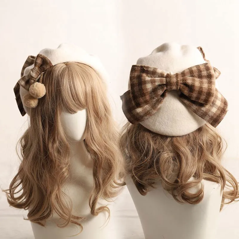 Vintage Beret Hat Plaid Bow Winter Hat