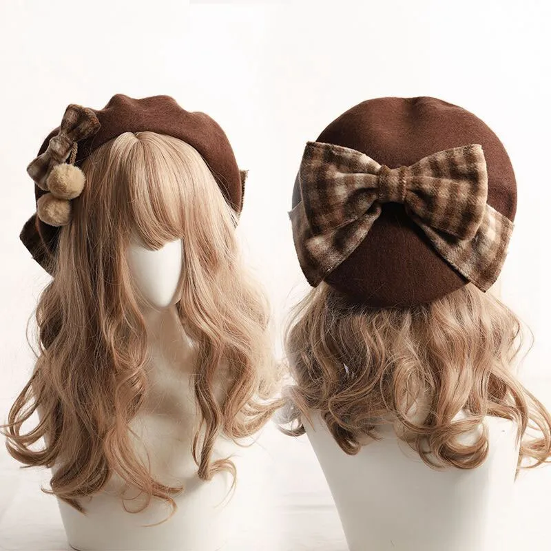 Vintage Beret Hat Plaid Bow Winter Hat