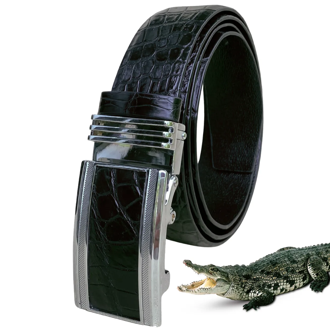 Vintage Black Alligator Belt For Men With Automatic Buckle | BE-BLA-01