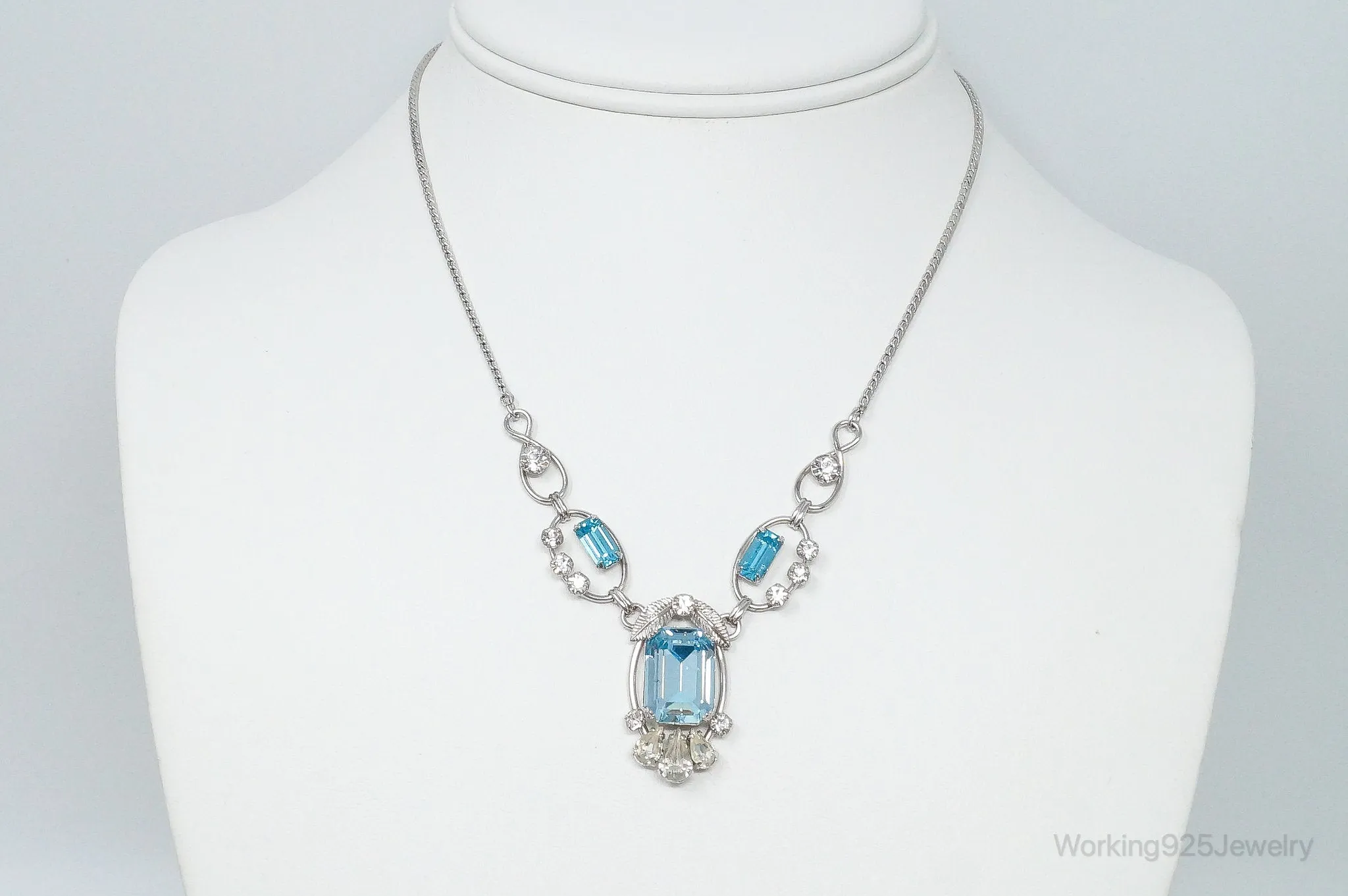 Vintage Designer Van Dell Blue Topaz Cubic Zirconia Sterling Silver Necklace