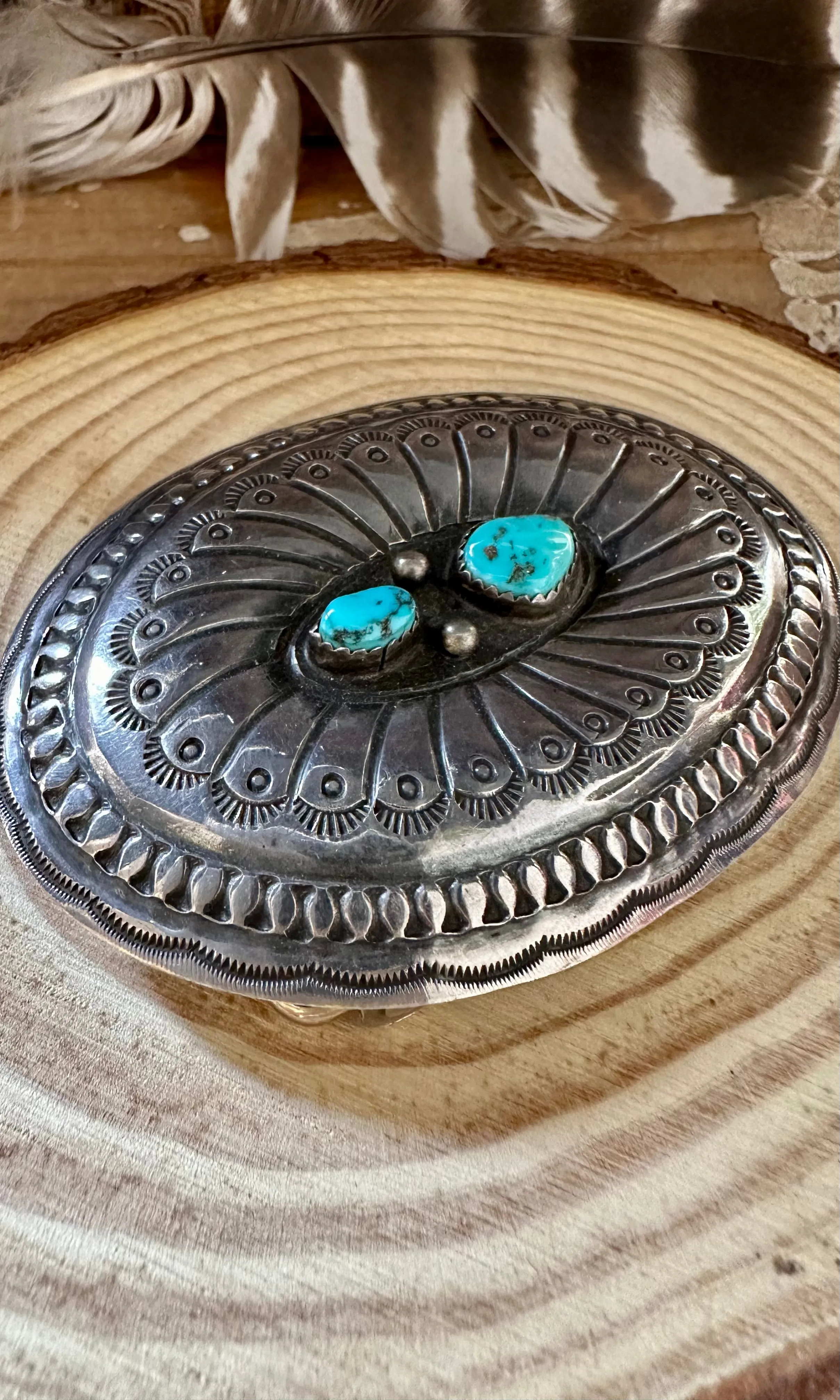 VINTAGE ROUNDABOUT Silver Nickel and Turquoise Large Belt Buckle