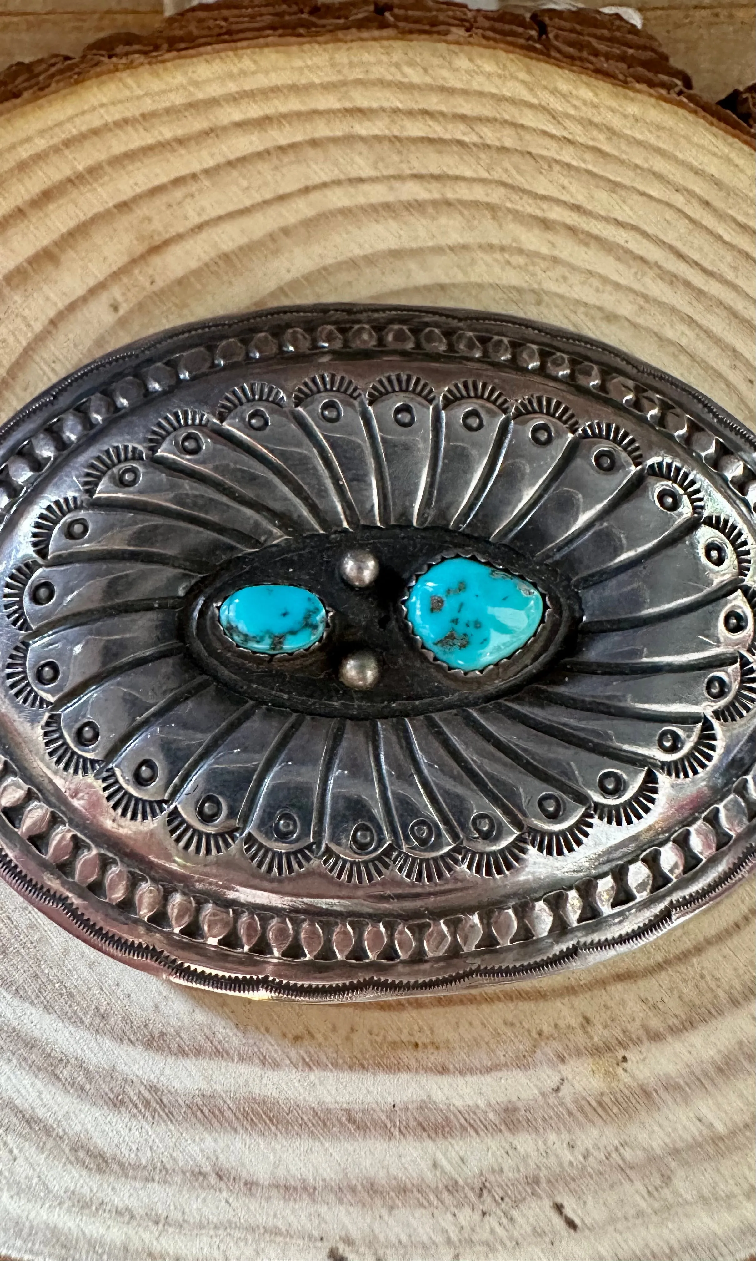 VINTAGE ROUNDABOUT Silver Nickel and Turquoise Large Belt Buckle