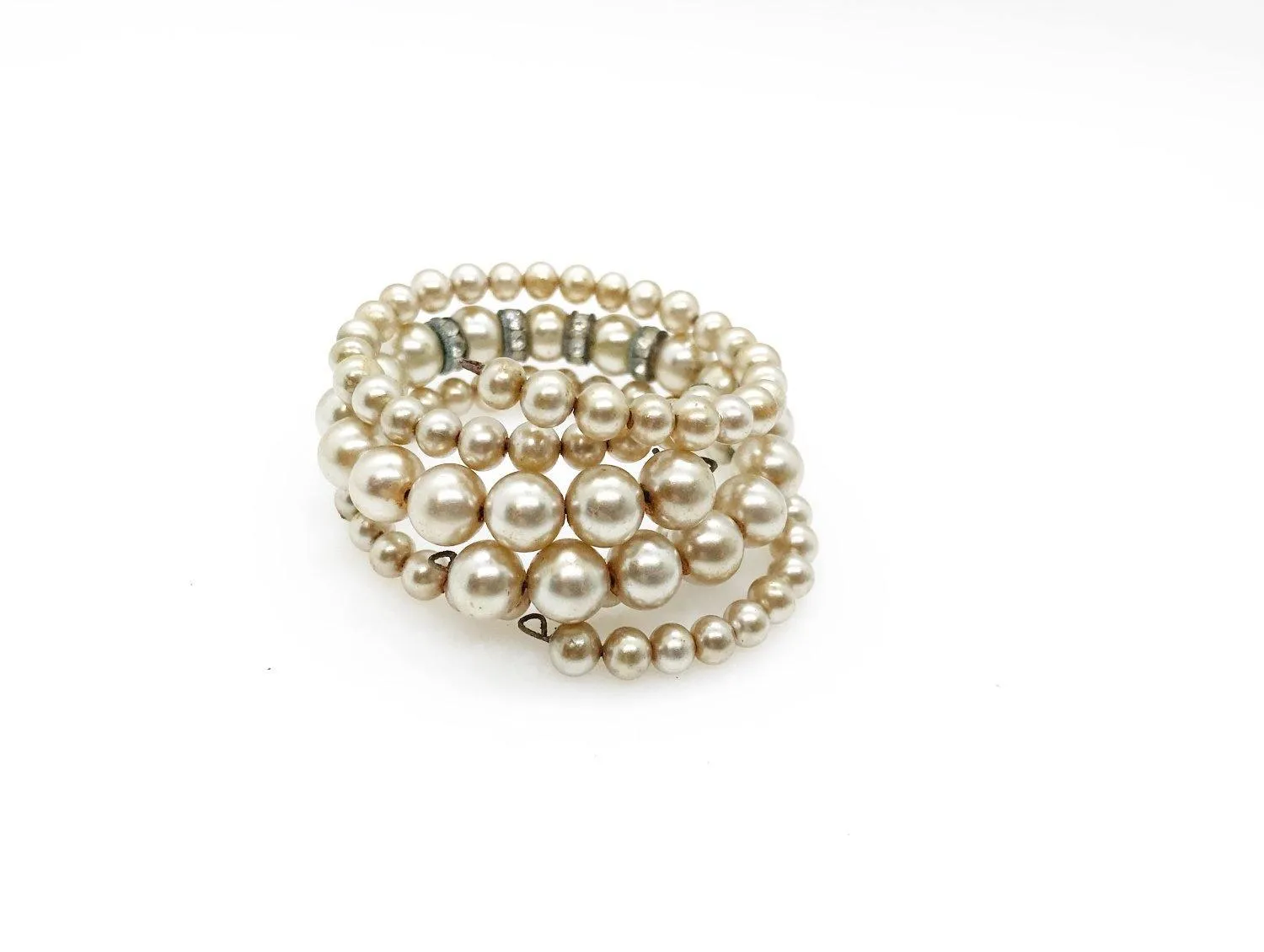 Vintage Winding Faux Pearl and Rhinestone Stretch Bracelet