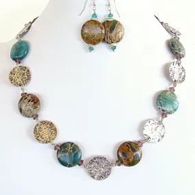 Walk About: 19" Aqua Terra Jasper and Silver Disc Necklace Set