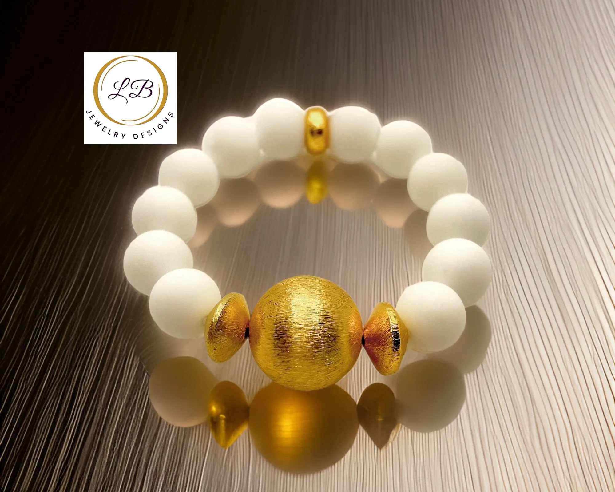 White Alabaster Gemstones 18k Brushed Gold Vermeil Beaded Bracelet