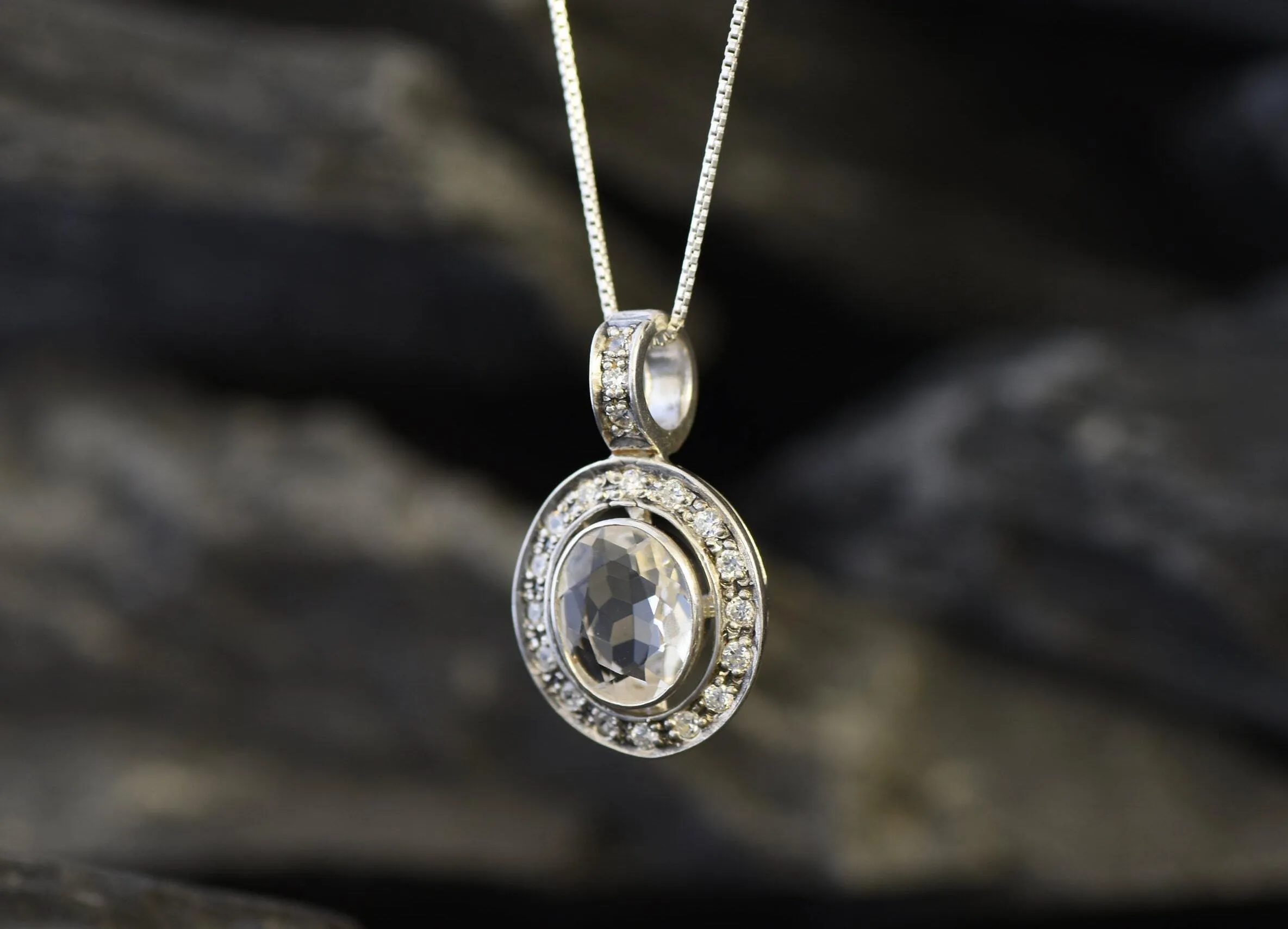 White Topaz Necklace - Sparkly Diamond Pendant - Vintage Oval Necklace